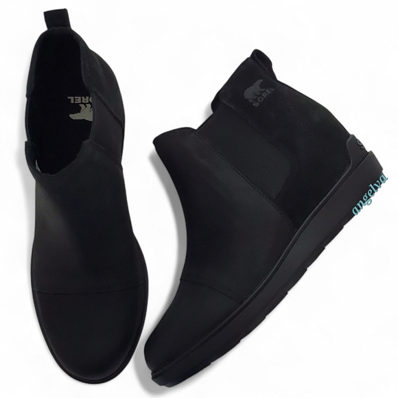 New Sorel Evie ll Chelsea ankle boots black leather suede wedge waterproof comfy - Picture 3 of 16